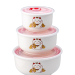 Lucky Cat Ceramic Nesting Bowls with Lids (Set of 3)