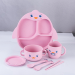 Pink Penguin Theme Silicone Baby Feeding Set (6 Pieces)